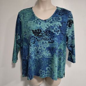 Serengeti Plus Size 1X Blue Green 100% Cotton 3/4 Sleeve V-neck Watery‎ Floral